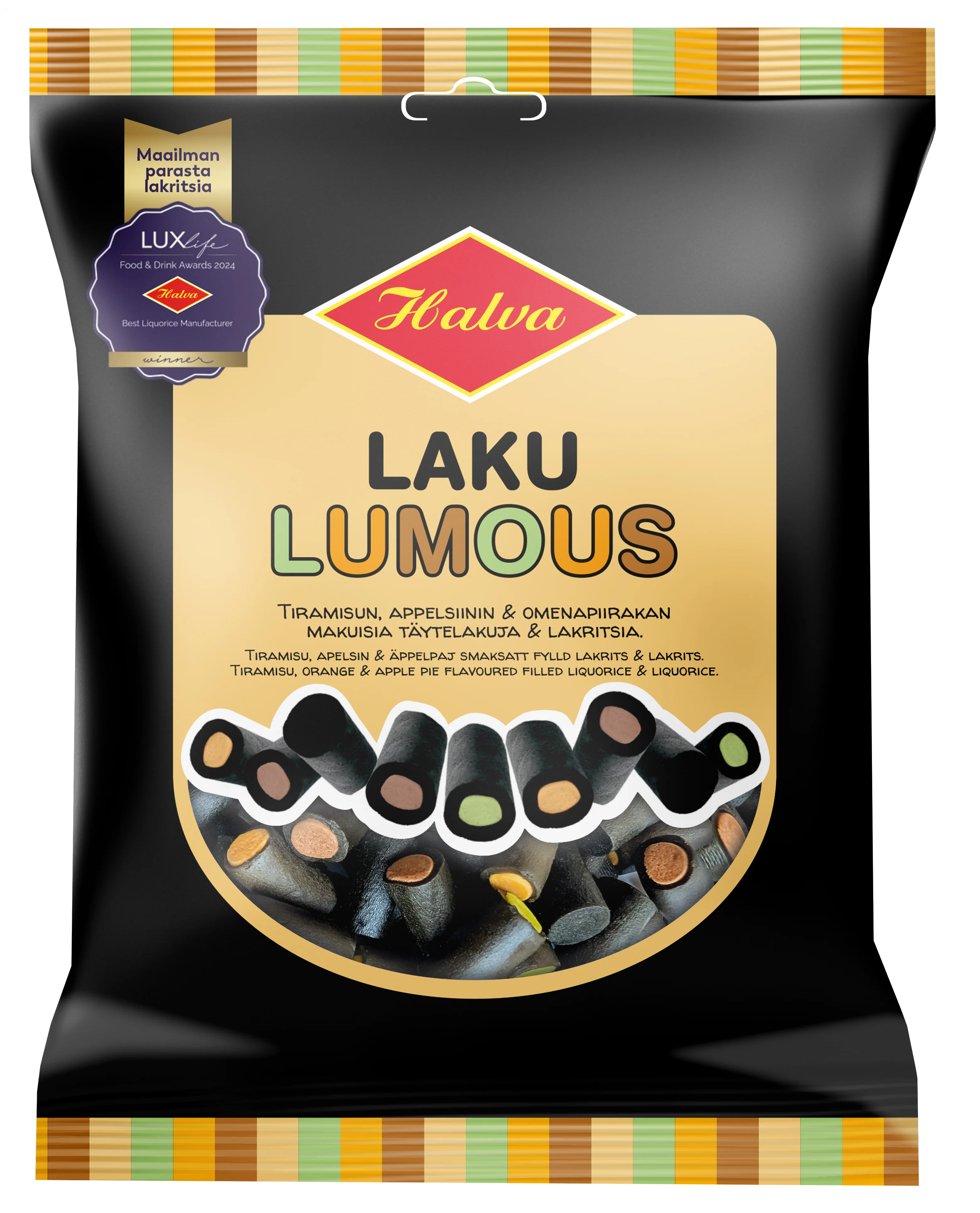 Halva Laku Lumous 180 g Lakritsia, tiramisun, appelsiinin & omenapiirakan makuisia täytelakuja